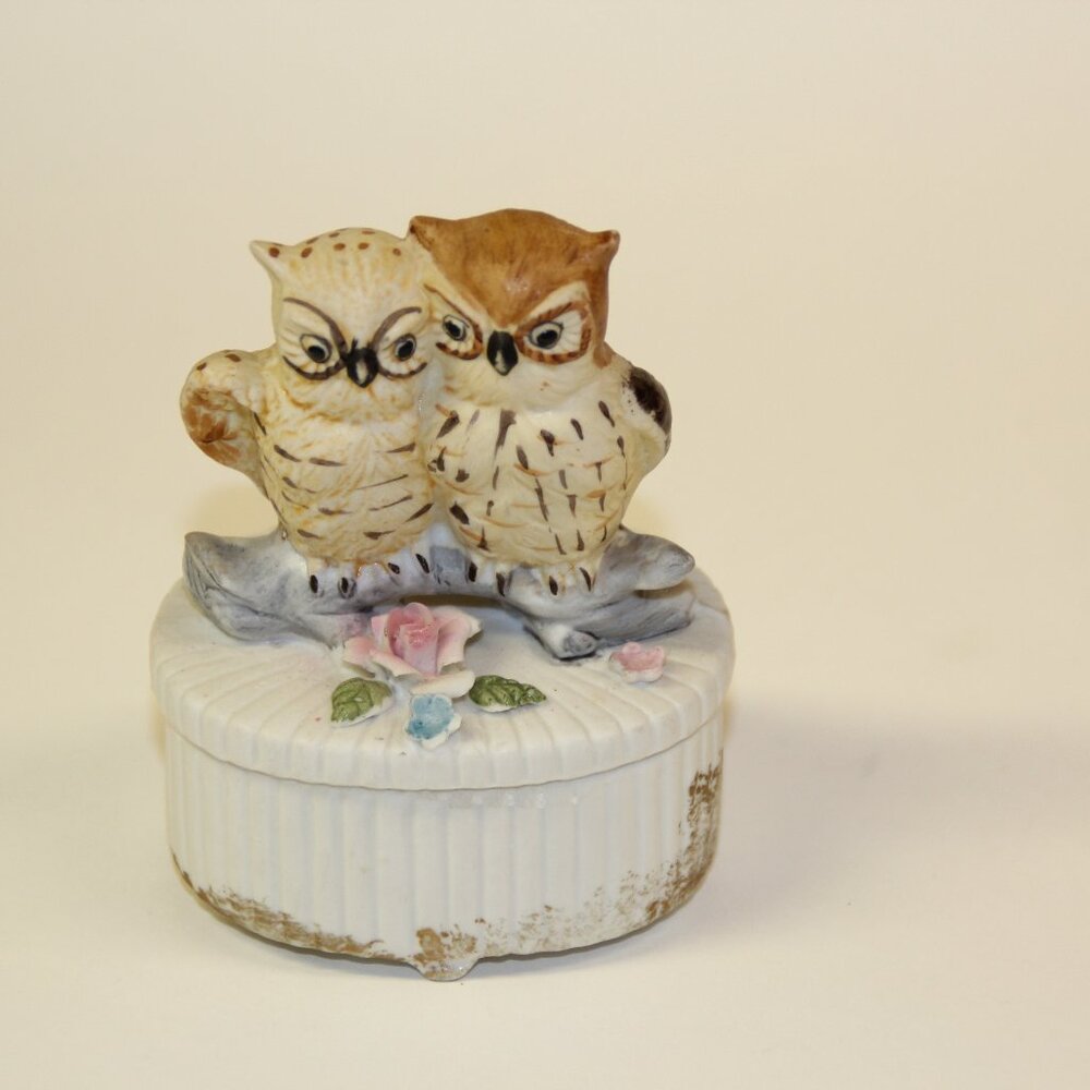 Ceramic owls birds jewelry trinket container cream 2 piece Antique